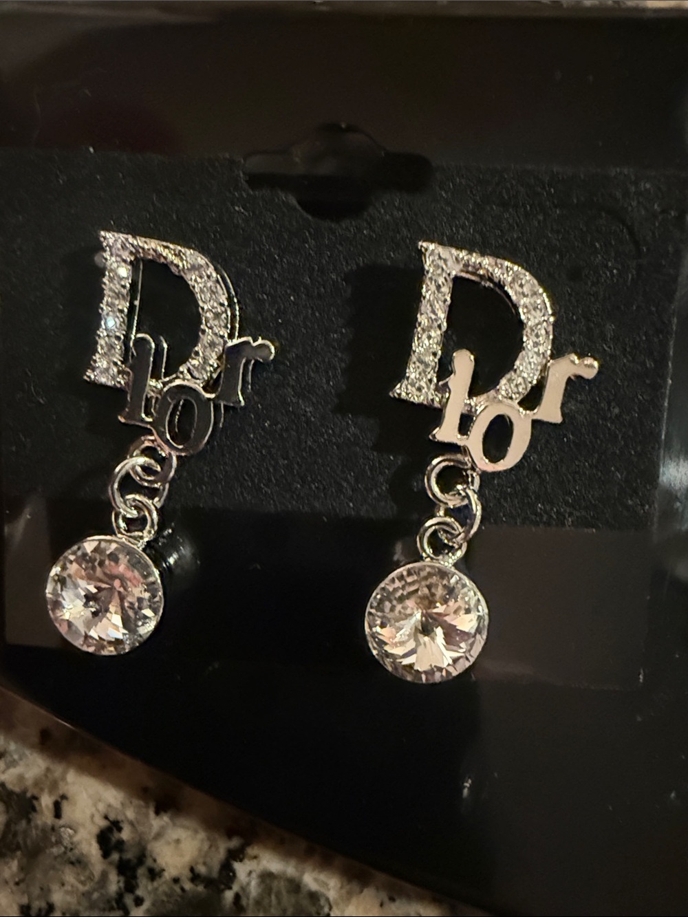 Dior Silver Crystal 'D' Drop Earrings